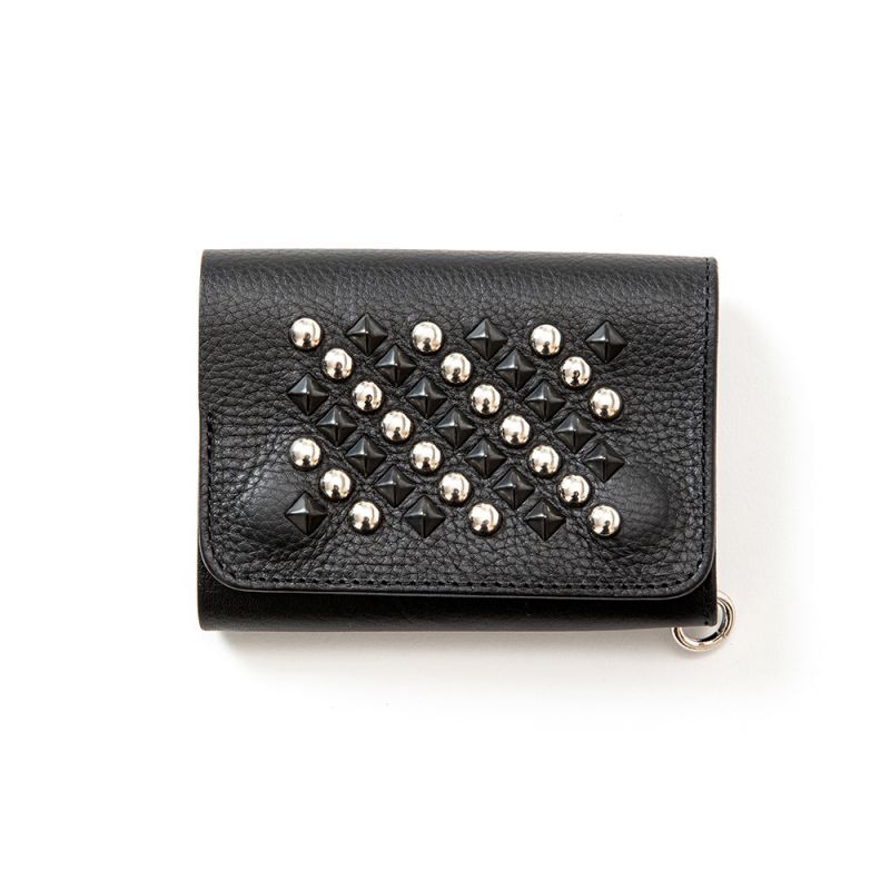 CALEE Round & Pyramid studs leather flap half wallet (Black) CL